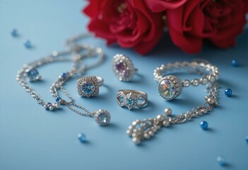 Detailed jewelry set with ruby red rose, rhinestones, and shiny metal on a blue background.
