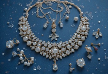 Luxurious gem-encrusted pearl necklace and diamond earrings in opulent, high-end design.
