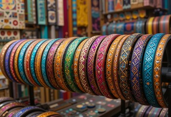 Colorful handcrafted ethnic accessories with intricate patterns in a vibrant bohemian bazaar.
