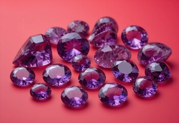 Precious purple gemstones and sparkling amethyst crystals in a vibrant collection of violet jewels.
