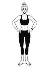 Black and White Illustration of Cartoon Character of Fitness Women
