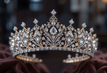 Stunning golden diamond tiara with intricate baroque design and opulent sparkling jewels.
