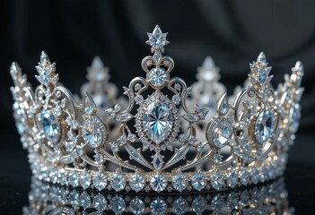 Delicate tiara with sparkling crystals and intricate design in luxurious regal style.
