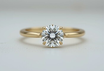 High-quality diamond engagement ring with solitaire diamond set in gold band, 3D render.
