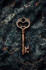 Antique key resting on dark, textured rock.  The key is ornate, with a carved shape, and shows signs of age and wear