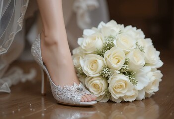 High-heeled shoes with bridal bouquet, white roses, lace veil, and elegant wedding dress.
