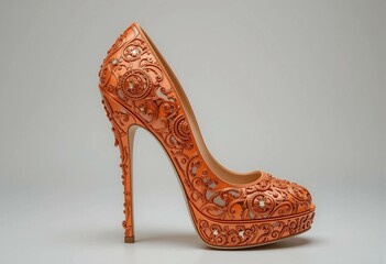 Luxury leather high heels with ornate floral embroidery, metallic stilettos, and intricate details.
