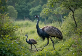 Ostrich in a forest with green foliage on a sunny day, photorealistic outdoor scene.

