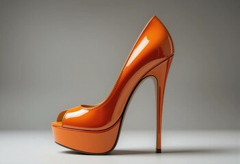 Elegant orange high heel shoe with platform and stiletto, detailed studio lighting shot.
