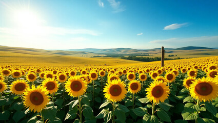 Fototapeta premium Bright Sunflower Field Under a Clear Blue Sky in a Scenic Landscape