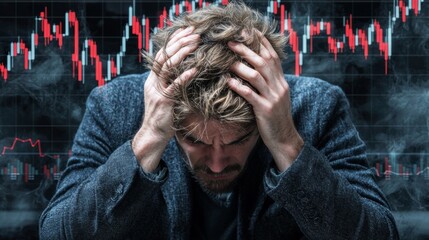 Market downturn stress businessman in distress office environment emotional content dramatic viewpoint