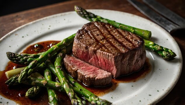 photorealistic, bad photography technique, medium-rare rum steak with asparagus