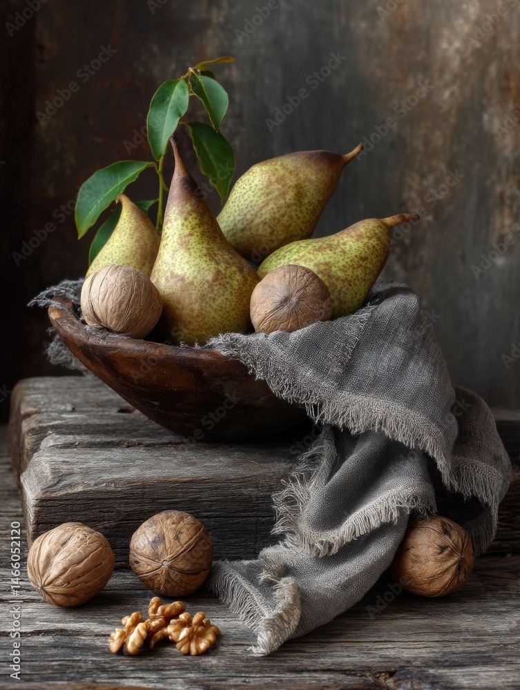 Poster Rustic Setting With a Wooden Bowl of Pears and Walnuts on a Weathered Table With a Linen Napkin Generative AI