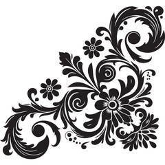 Elegant Black Floral Corner Ornament Vector Design with Vintage Swirl Patterns &ndash; Decorative Botanical Frame Element for Invitations, Tattoos, and Graphic Projects.