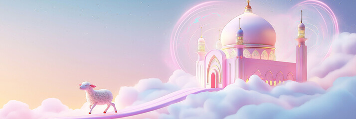 Surreal festive illustration of lamb and lanterns with whimsical color play in pastel hues