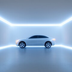 A sleek white car is showcased in a minimalist, futuristic room illuminated by blue neon lights.