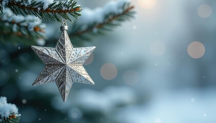 Ornate silver star ornament hanging on a snowy pine branch , star ornament, decoration