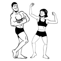 Couple of Bodybuilder Posing Drawn in Vintage Style