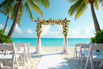 Fototapeta premium Romantic oceanside wedding setup, white chairs, floral arch, tropical paradise , sunset, tropical flowers, sunshine