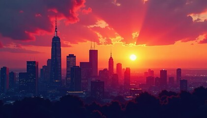 Fototapeta premium Silhouette of a cityscape at sunrise, skyscrapers reaching for a vibrant sky , daybreak, opportunity