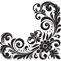 Elegant Black Floral Corner Ornament Vector Design with Vintage Swirl Patterns – Decorative Botanical Frame Element for Invitations, Tattoos, and Graphic Projects.