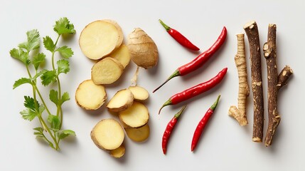 Fresh vegetables and herbs add color A vibrant display of fresh herbs and spices, including ginger, chili, and cilantro, perfect for enhancing culinary creations.