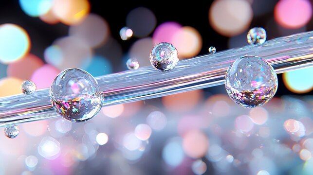 Floating Bubbles on Glass Rod with Colorful Bokeh Background