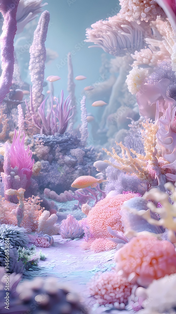 Aufkleber ピンクと青のサンゴ礁の水中シーン ファンタジー背景を持つカラフルな海洋生物のソフトな詳細
