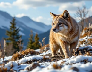 Fototapeta premium digital hyper realistic rendering emphasizing fine fur details, lighting, and depth of field in a natural setting with mountains and sky