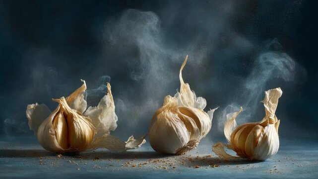 Fresh garlic bulbs arranged artistically with smoke on a dark background, enhancing culinary themes