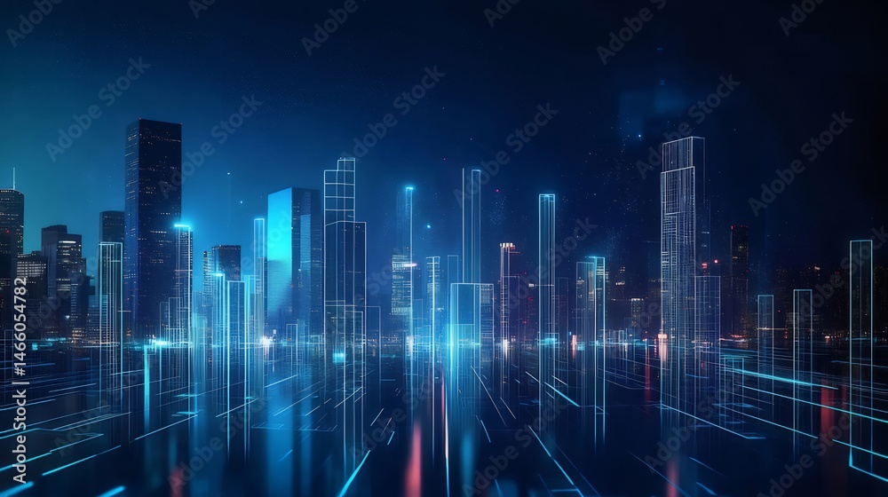 Aufkleber 未来的な都市景観 青色の光る建物群とデータの流れを示す抽象的なデザイン