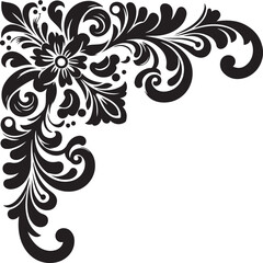 Elegant Black Floral Corner Ornament Vector Design with Vintage Swirl Patterns – Decorative Botanical Frame Element for Invitations, Tattoos, and Graphic Projects.