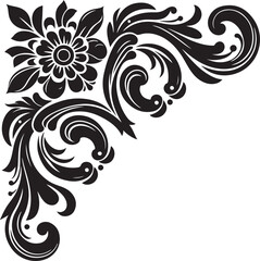 Elegant Black Floral Corner Ornament Vector Design with Vintage Swirl Patterns – Decorative Botanical Frame Element for Invitations, Tattoos, and Graphic Projects.