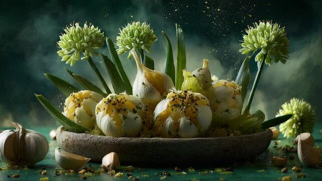 A beautifully arranged platter of fresh garlic and herbs on a dark, atmospheric background