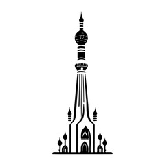 Stylized black and white illustration of a fictional tower architecture