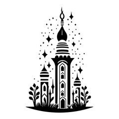 Abstract architectural design with oriental style towers amidst celestial flares