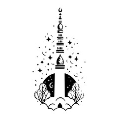 Ethereal Minaret Silhouette Radiating Cosmic Essence Under Lunar Glimmer