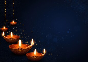Diwali lamps with glowing flames and decorative hanging lights