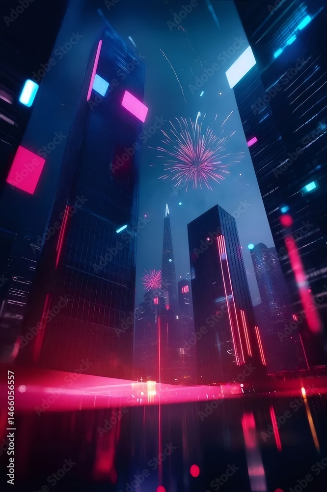 Poster 紺碧の夜空に映えるネオンライトと花火の都市景観 現代的な高層ビル群と反射する水面 都会のエネルギーを感じさせる光のスペクタクル