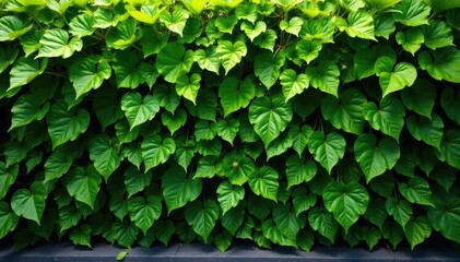 Vertical garden, lush green leaves growing on a wall , nature, healthy, spring