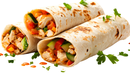 taco mexican tortilla wrap with chicken isolated on white background