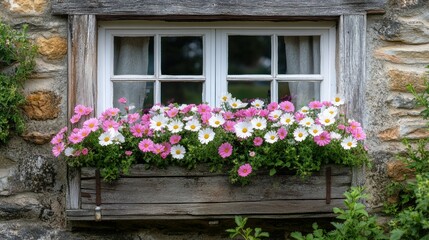 Rustic window box overflowing with flowers