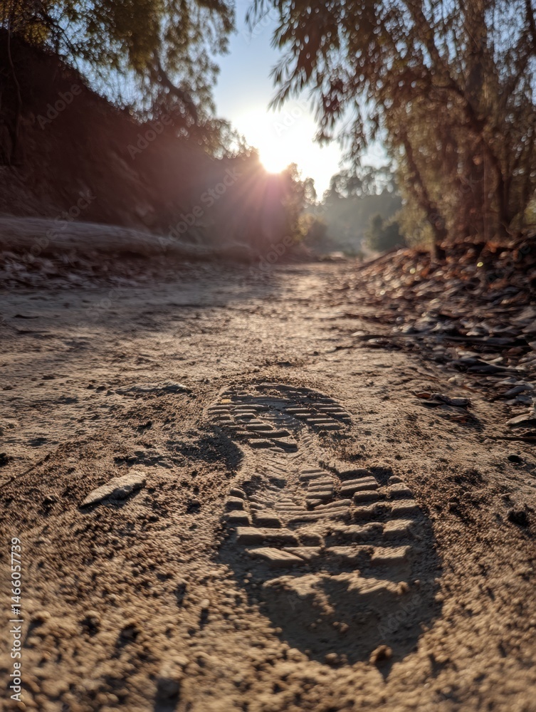 Leinwandbilder trail shoe print indicating activity on dusty path at sunset in a serene environment generative ai