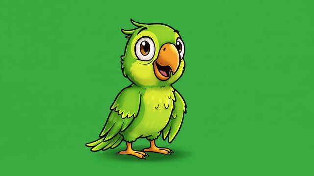 Cartoon illustration of a vibrant green parrot with open beak on simple green background