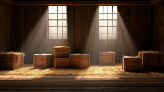 Cozy corner of barn with old wooden crates and sunlight streaming through windows
