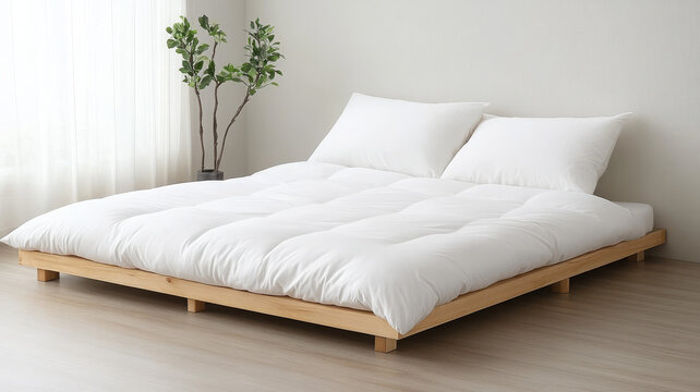 Cozy futon setup with lightweight duvet and soft pillows creates serene atmosphere