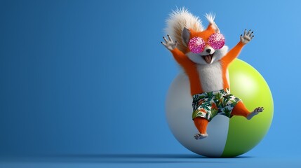 A cheerful squirrel enjoys a summer day.  A furry creature, sporting trendy sunglasses and swim trunks,  radiates joyful energy