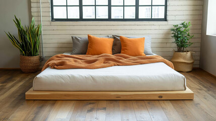 Futon mattress on wooden floor with decorative pillows and cozy blanket creates warm atmosphere
