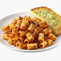 Naklejka premium Delicious Pasta with Meat Sauce and Garlic Bread