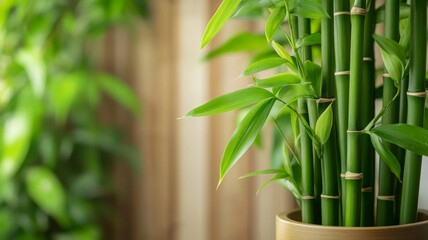 Closeup shot of bamboo stems with vibrant green leaves, creating serene atmosphere